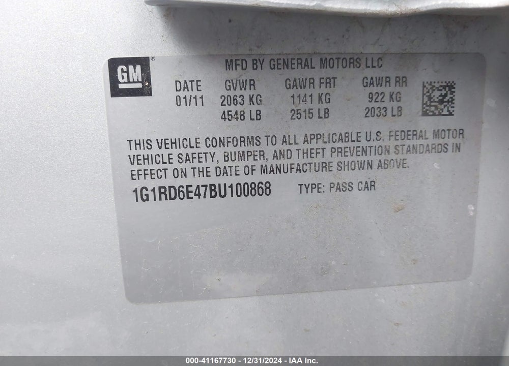 2011 CHEVROLET VOLT VIN: 1G1RD6E47BU100868