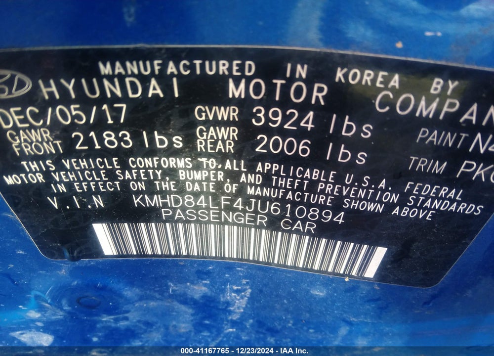 2018 HYUNDAI ELANTRA SEL VIN: KMHD84LF4JU610894