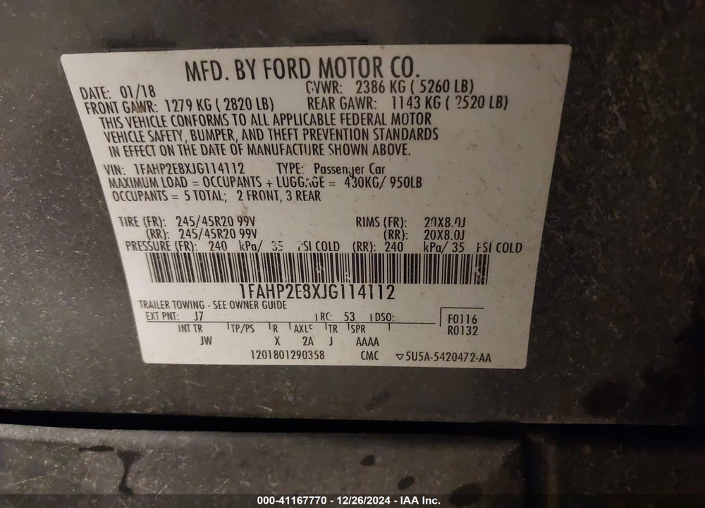 2018 FORD TAURUS SEL VIN: 1FAHP2E8XJG114112