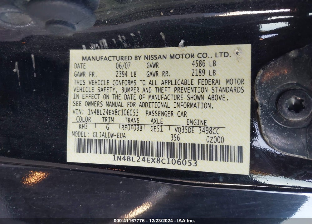 2008 NISSAN ALTIMA 3.5 SE VIN: 1N4BL24EX8C106053