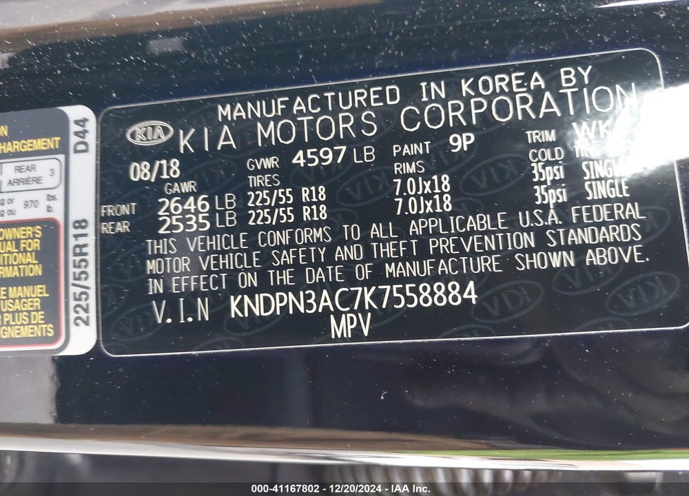 2019 KIA SPORTAGE EX VIN: KNDPN3AC7K7558884