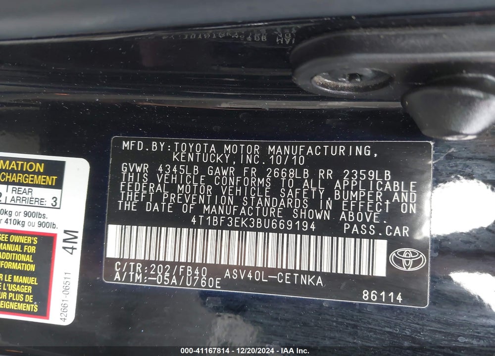 2011 TOYOTA CAMRY LE VIN: 4T1BF3EK3BU669194
