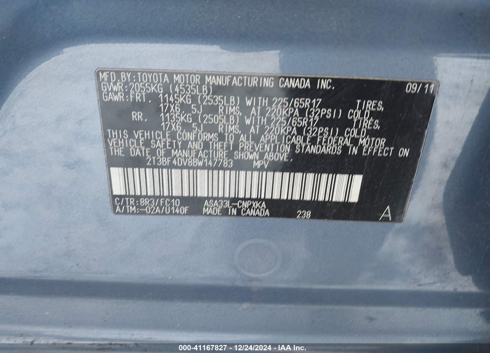 2011 TOYOTA RAV4 VIN: 2T3BF4DV8BW147783