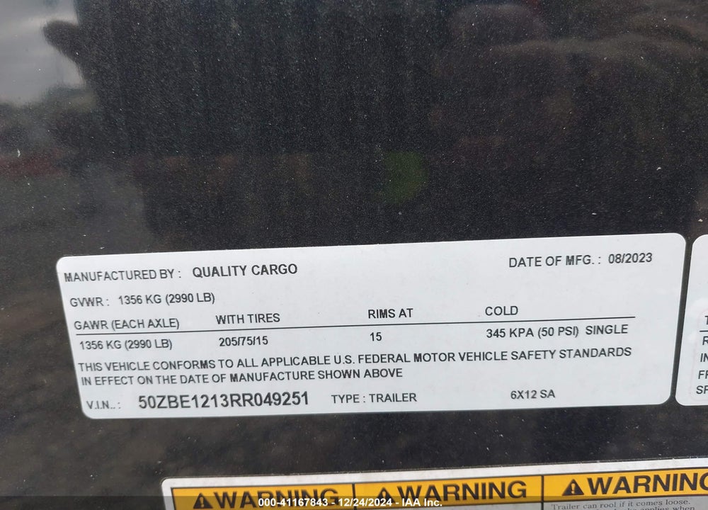 2024 QUALITY CARGO TRAILER VIN: 50ZBE1213RR049251