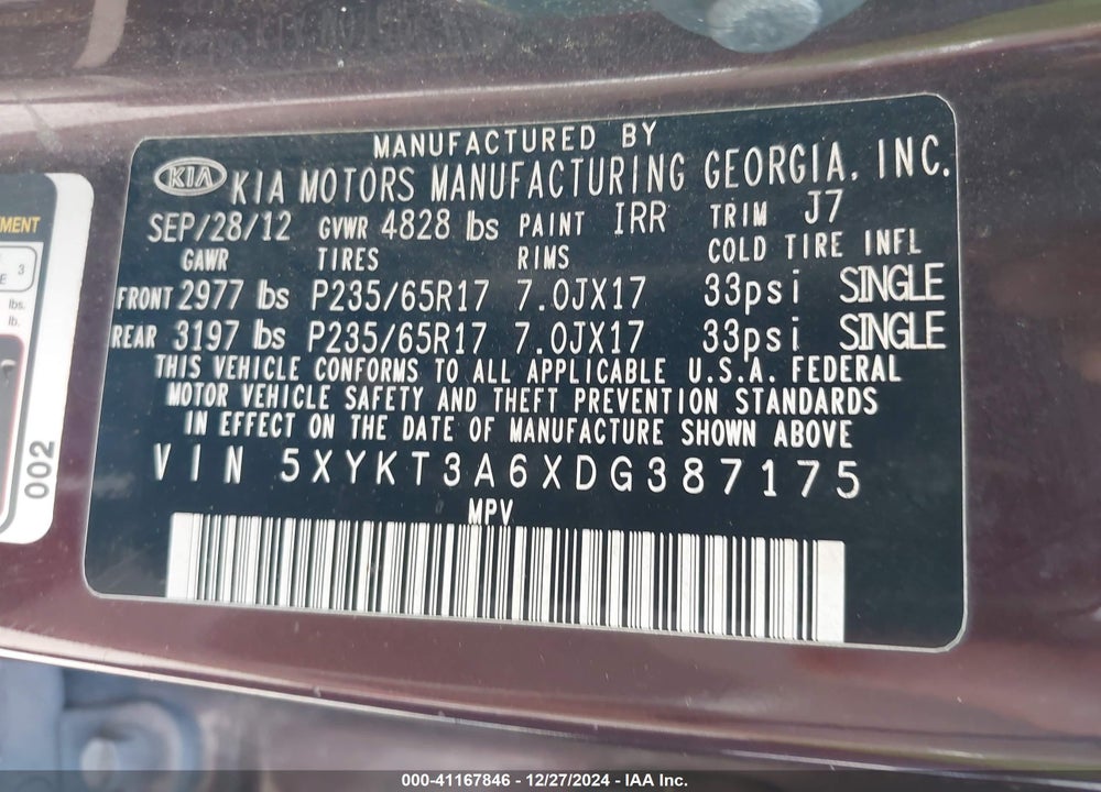 2013 KIA SORENTO LX VIN: 5XYKT3A6XDG387175