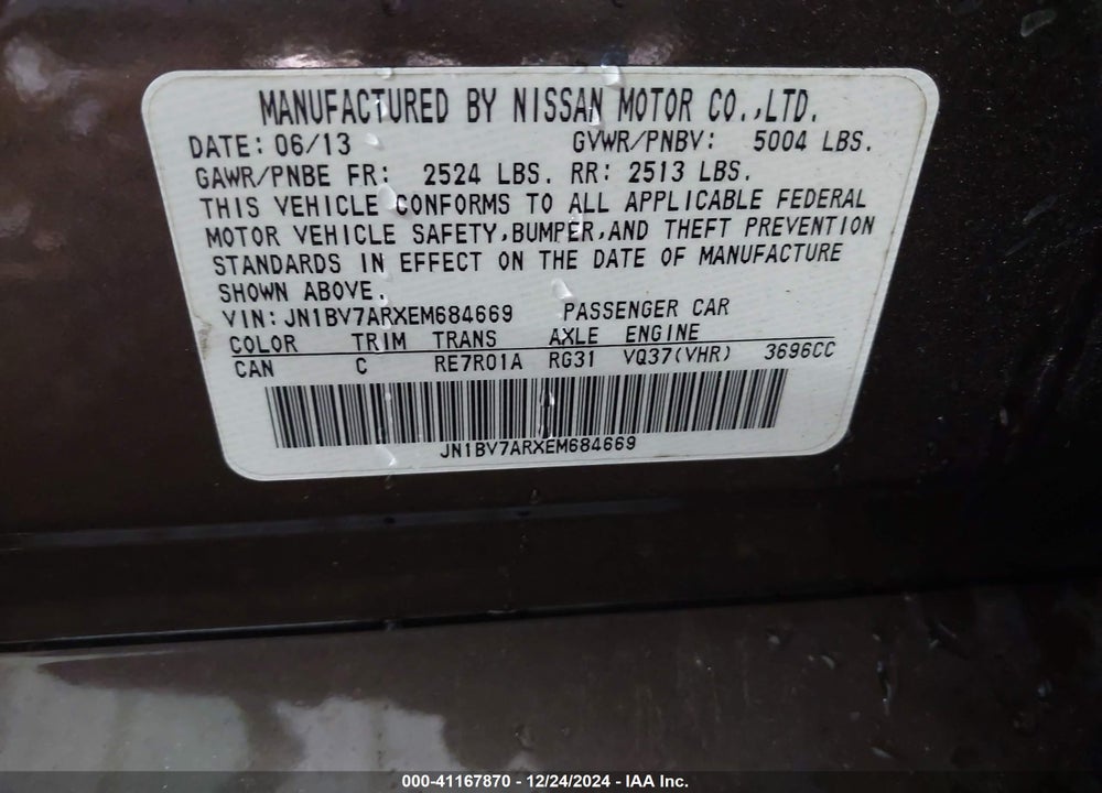 2014 INFINITI Q50 PREMIUM VIN: JN1BV7ARXEM684669