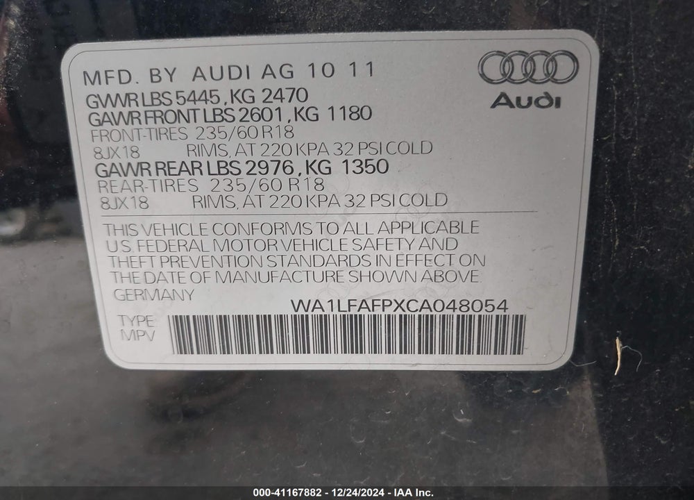 2012 AUDI Q5 2.0T PREMIUM VIN: WA1LFAFPXCA048054