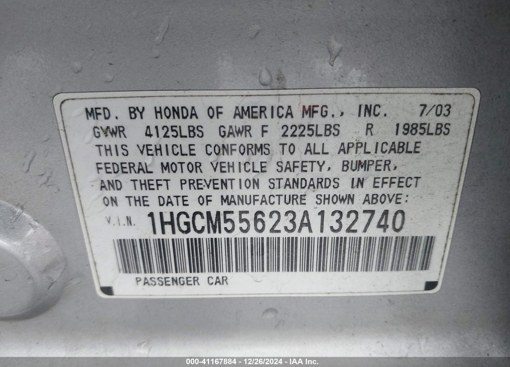 2003 HONDA ACCORD 2.4 EX VIN: 1HGCM55623A132740