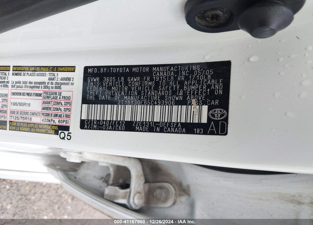 2005 TOYOTA COROLLA XRS VIN: 2T1BY30E65C493906