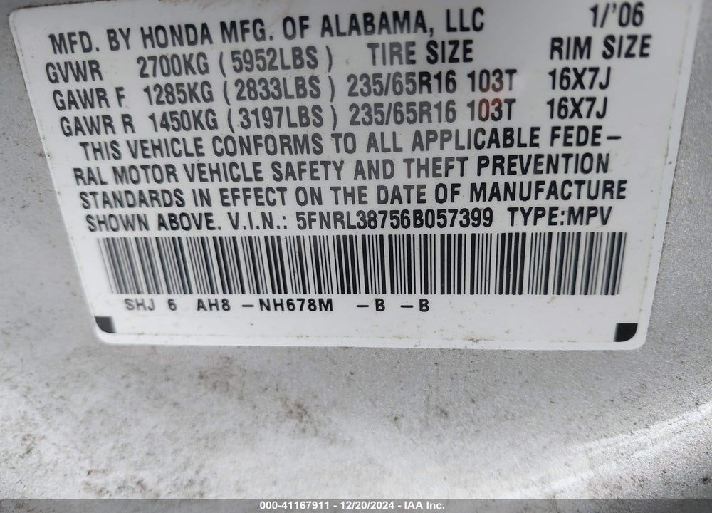 2006 HONDA ODYSSEY EX-L VIN: 5FNRL38756B057399