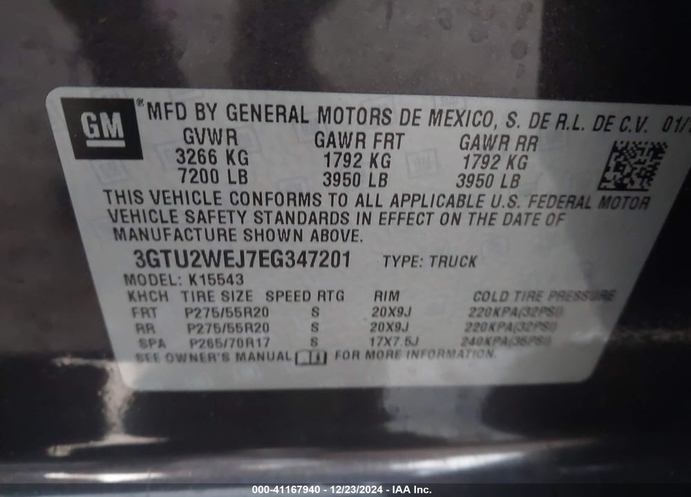 2014 GMC SIERRA 1500 DENALI VIN: 3GTU2WEJ7EG347201