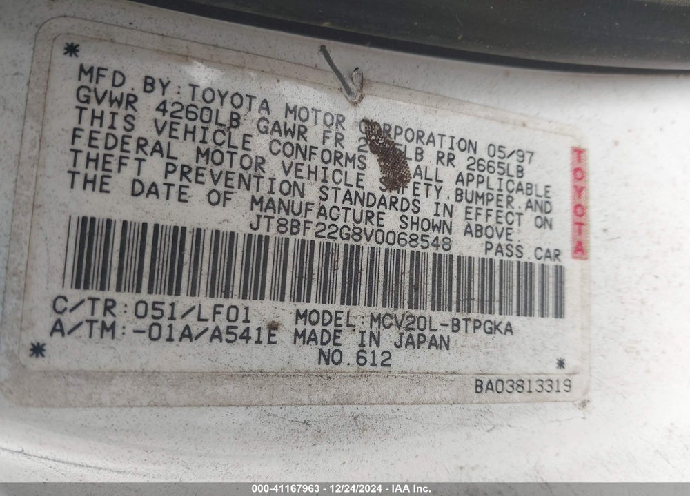 1997 LEXUS ES 300 VIN: JT8BF22G8V0068548