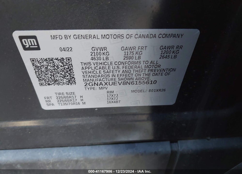 2022 CHEVROLET EQUINOX AWD LT VIN: 2GNAXUEV8N6155610