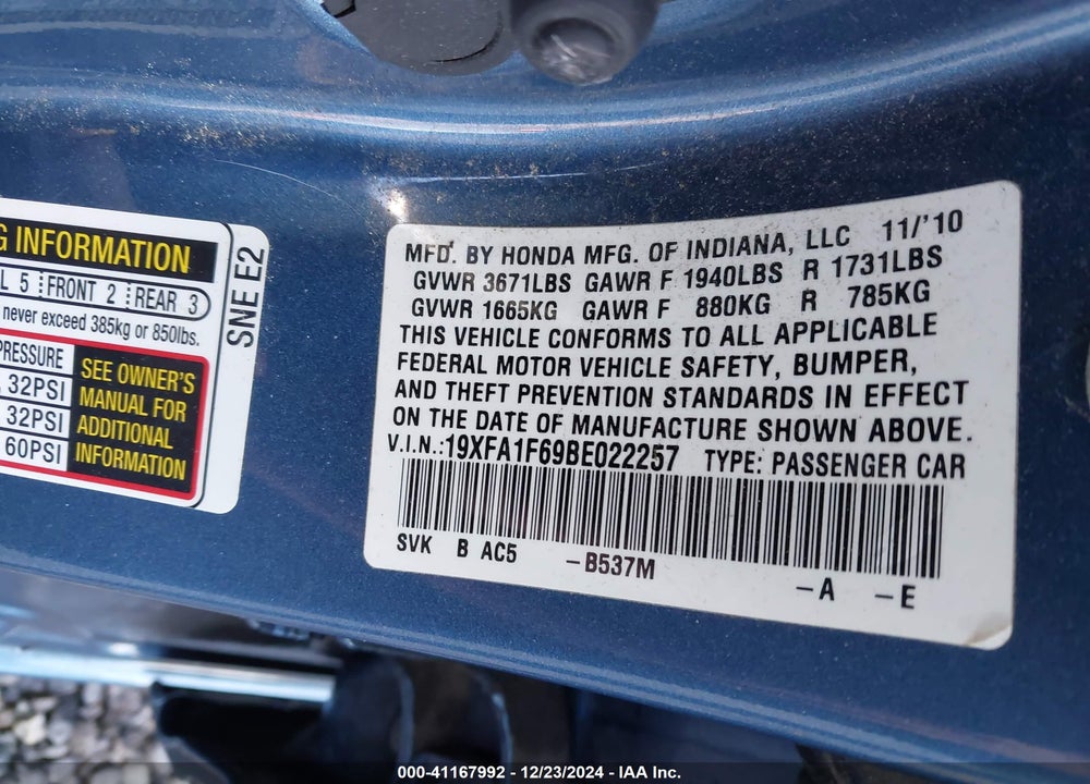 2011 HONDA CIVIC LX-S VIN: 19XFA1F69BE022257