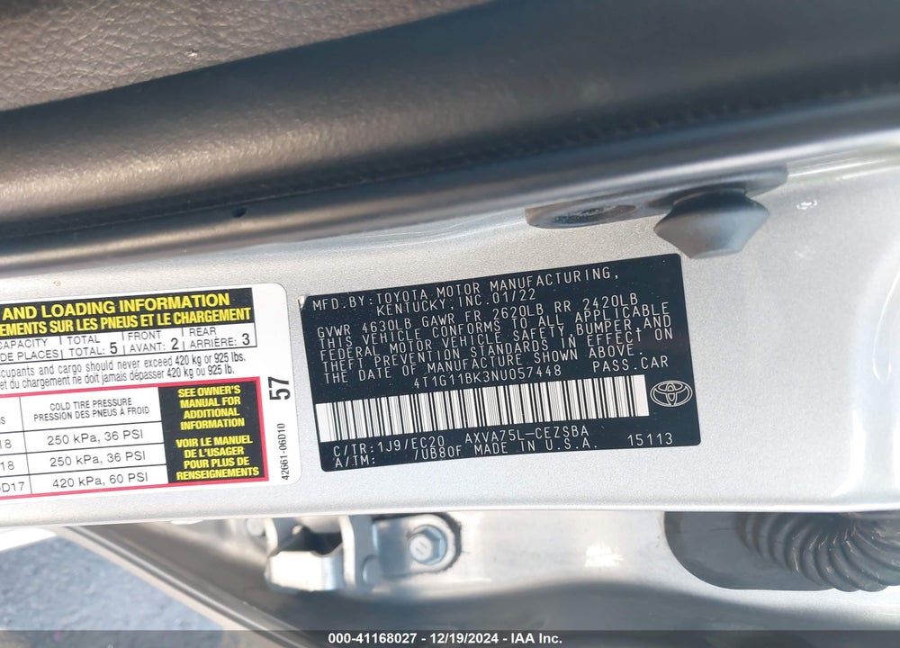 2022 TOYOTA CAMRY SE NIGHTSHADE SPECIAL AWD VIN: 4T1G11BK3NU057448