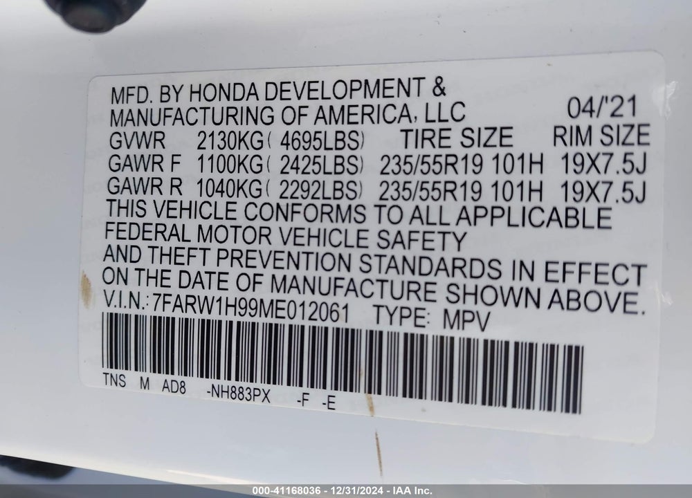 2021 HONDA CR-V VIN: 7FARW1H99ME012061