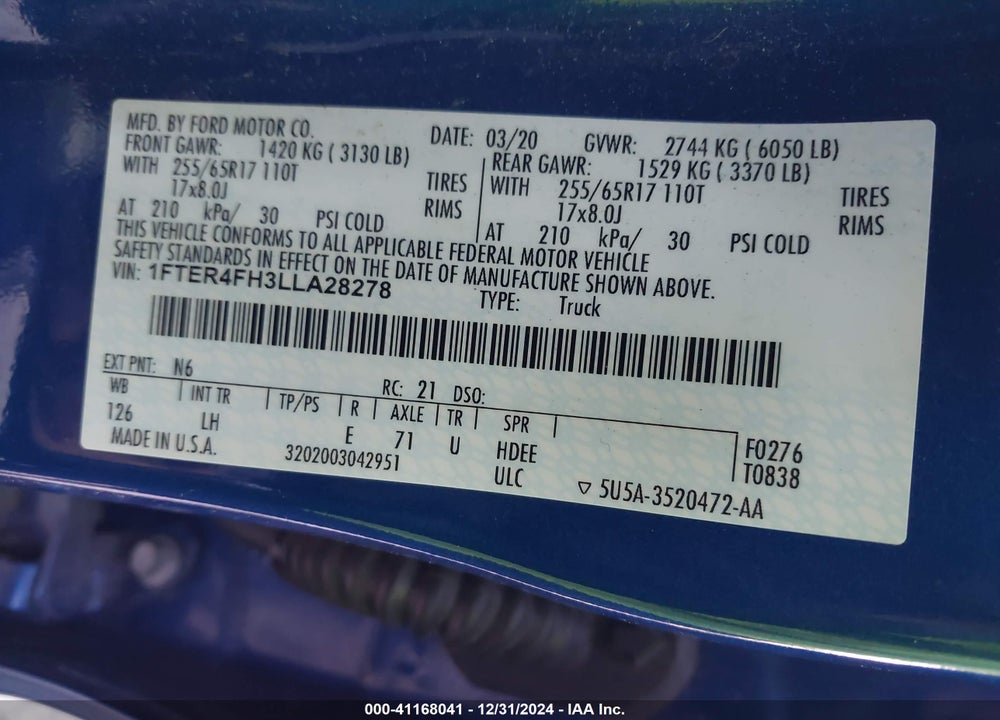 2020 FORD RANGER XL VIN: 1FTER4FH3LLA28278
