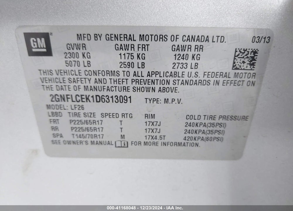 2013 CHEVROLET EQUINOX LS VIN: 2GNFLCEK1D6313091