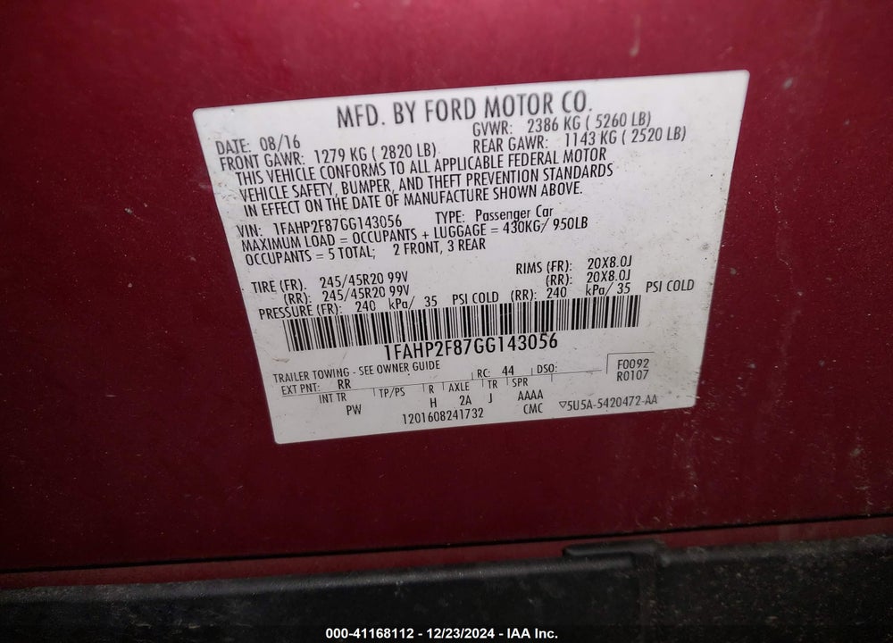 2016 FORD TAURUS VIN: 1FAHP2F87GG143056
