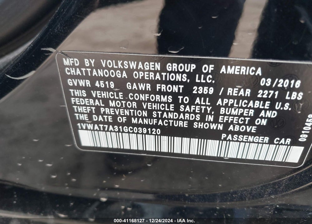 2016 VOLKSWAGEN PASSAT 1.8T S VIN: 1VWAT7A31GC039120
