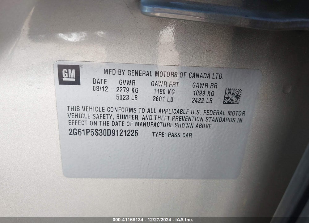 2013 CADILLAC XTS VIN: 2G61P5S30D9121226