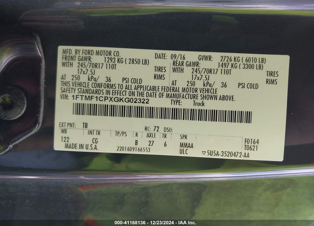 2016 FORD F-150 XL VIN: 1FTMF1CPXGKG02322