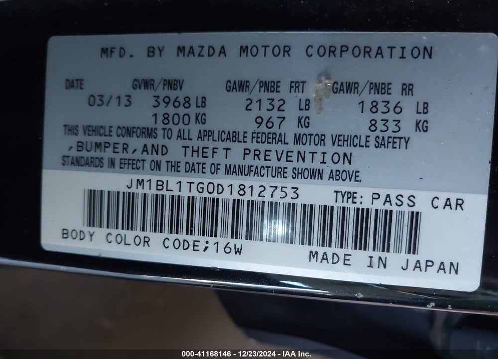 2013 MAZDA 3 I SV VIN: JM1BL1TG0D1812753