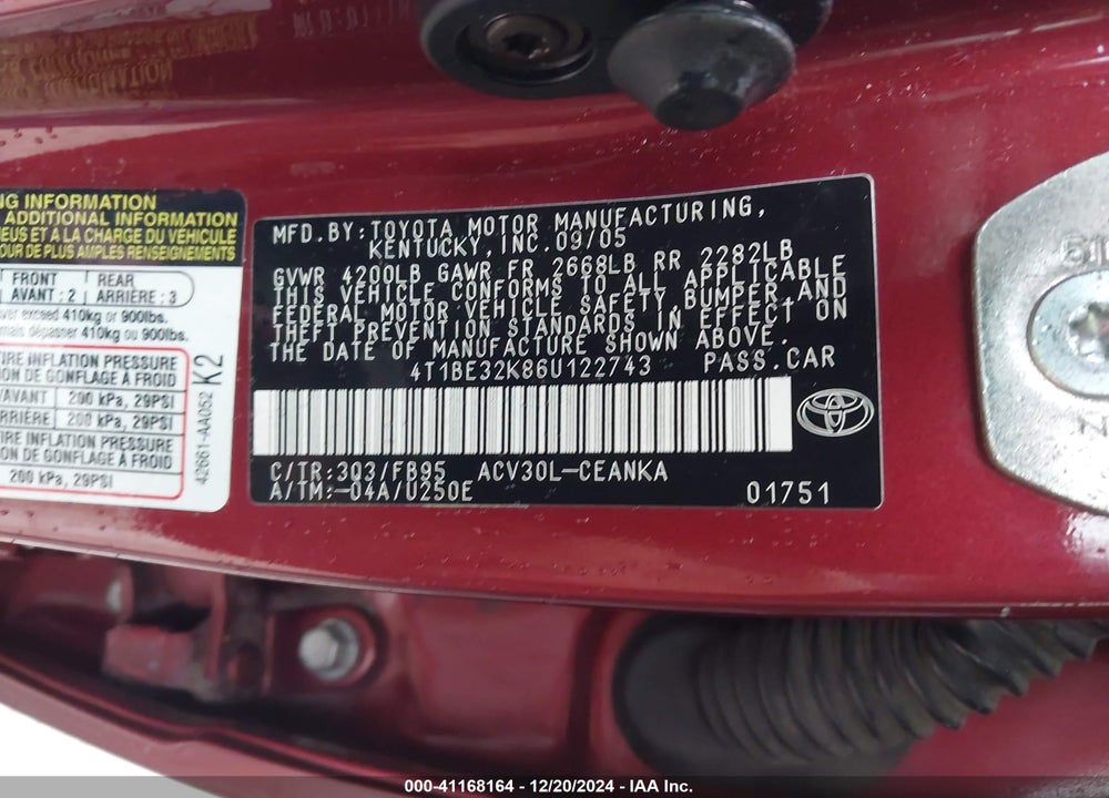 2006 TOYOTA CAMRY LE VIN: 4T1BE32K86U122743