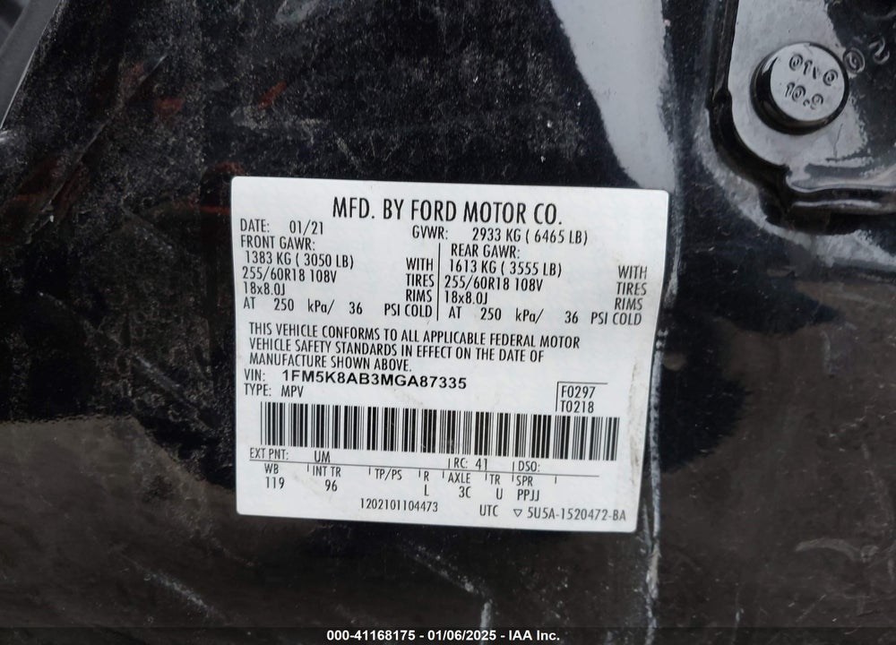 2021 FORD POLICE INTERCEPTOR VIN: 1FM5K8AB3MGA87335