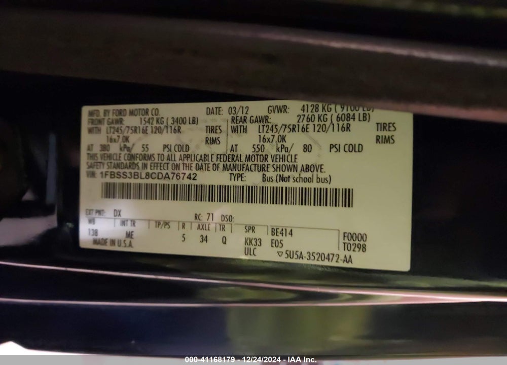 2012 FORD E-350 SUPER DUTY XLT VIN: 1FBSS3BL8CDA76742