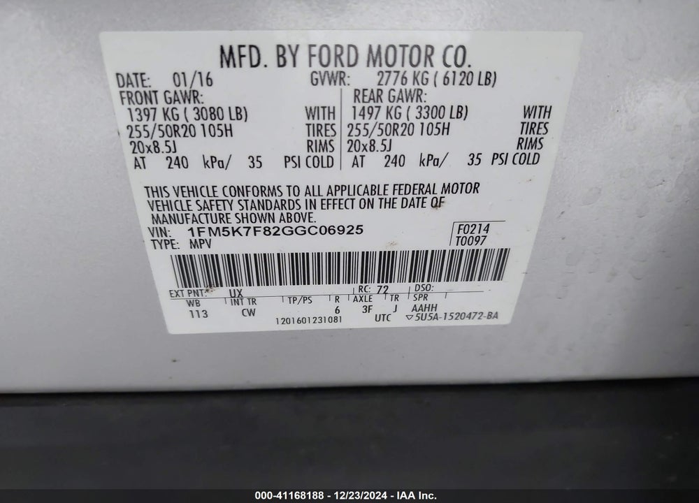 2016 FORD EXPLORER LIMITED VIN: 1FM5K7F82GGC06925