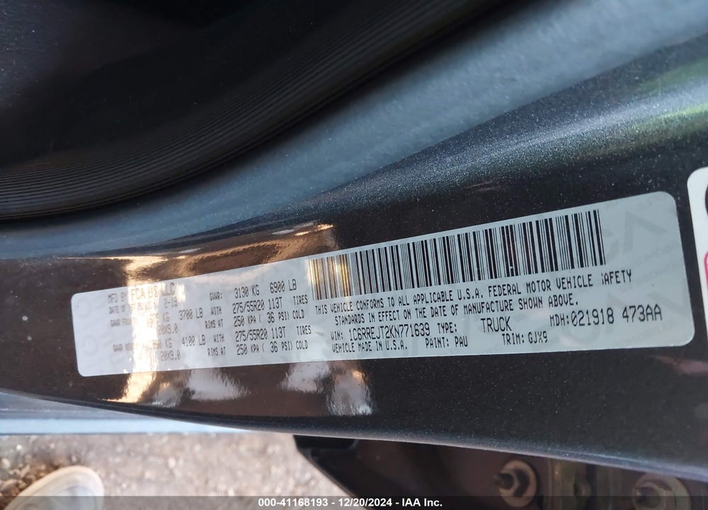 2019 RAM 1500 LAIE  4X2 5'7 BOX VIN: 1C6RREJT2KN771639