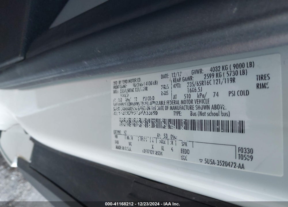2018 FORD TRANSIT-350 XL VIN: 1FBZX2YG7JKA35659