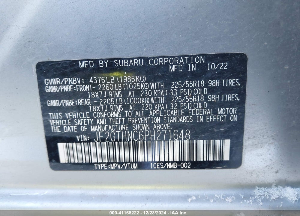 2023 SUBARU CROSSTREK VIN: JF2GTHNC6PH271648