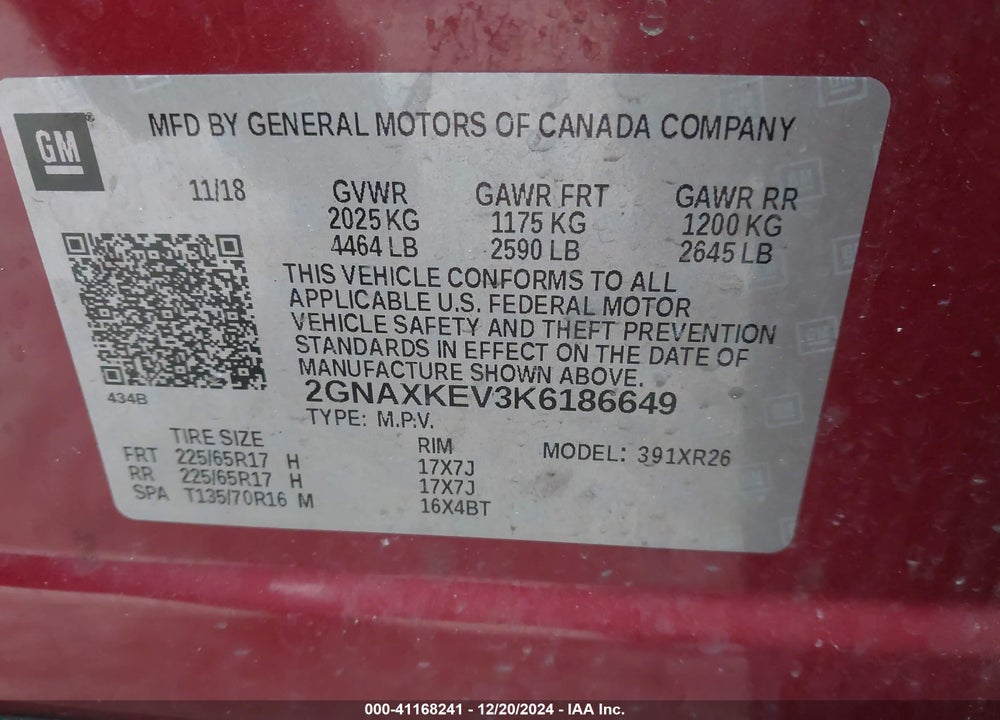 2019 CHEVROLET EQUINOX LT VIN: 2GNAXKEV3K6186649