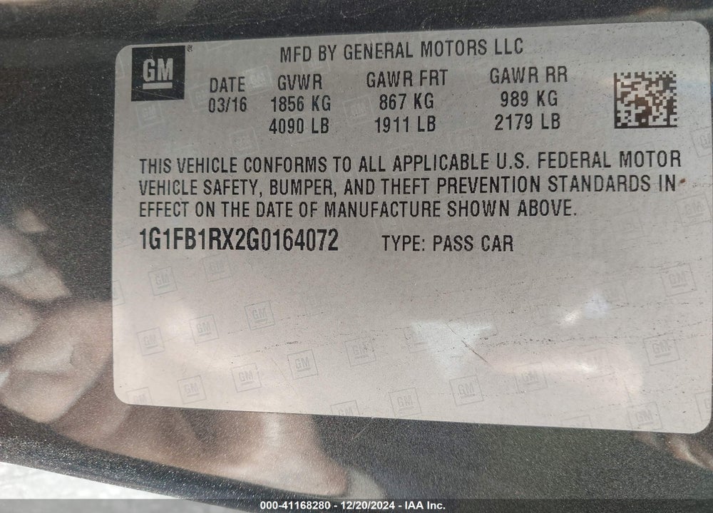 2016 CHEVROLET CAMARO 1LT VIN: 1G1FB1RX2G0164072