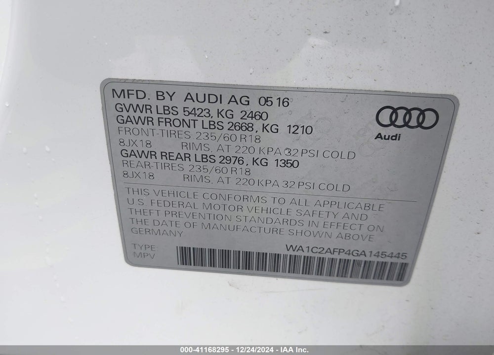 2016 AUDI Q5 2.0T PREMIUM VIN: WA1C2AFP4GA145445