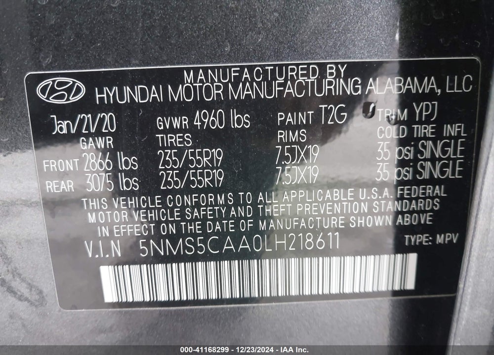2020 HYUNDAI SANTA FE LIMITED 2.0T VIN: 5NMS5CAA0LH218611
