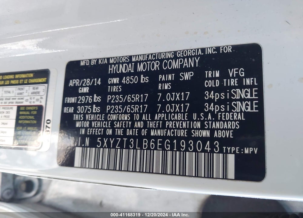 2014 HYUNDAI SANTA FE SPORT 2.4L VIN: 5XYZT3LB6EG193043
