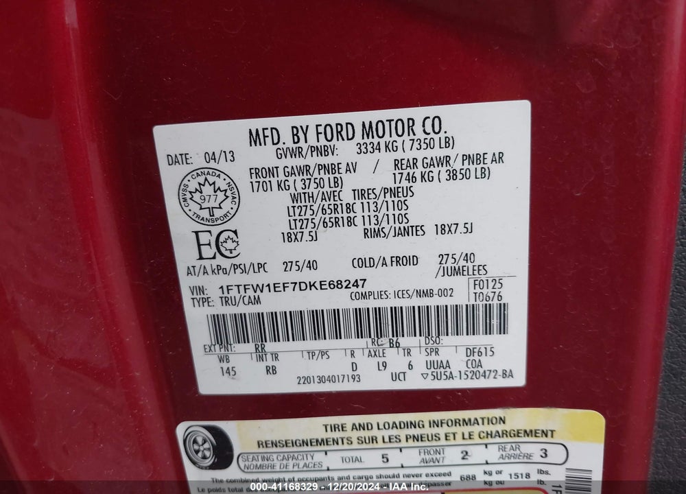 2013 FORD F-150 FX4 VIN: 1FTFW1EF7DKE68247