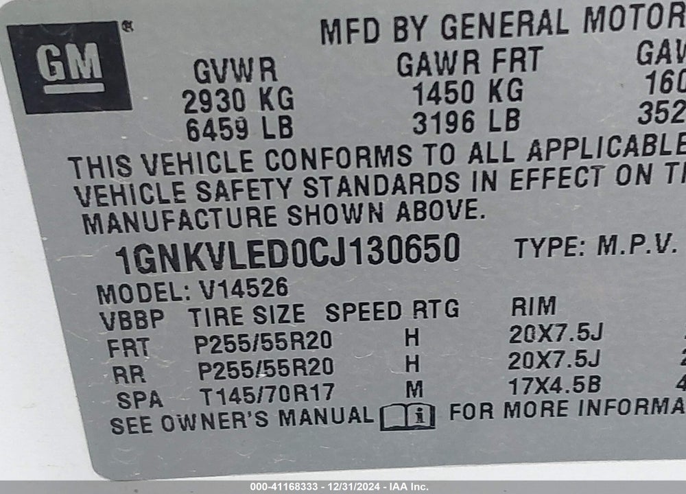 2012 CHEVROLET TRAVERSE LTZ VIN: 1GNKVLED0CJ130650