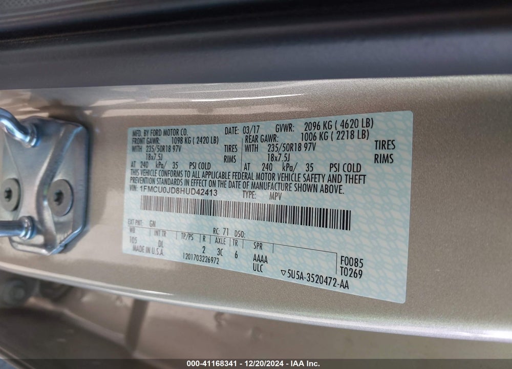 2017 FORD ESCAPE TITANIUM VIN: 1FMCU0JD8HUD42413