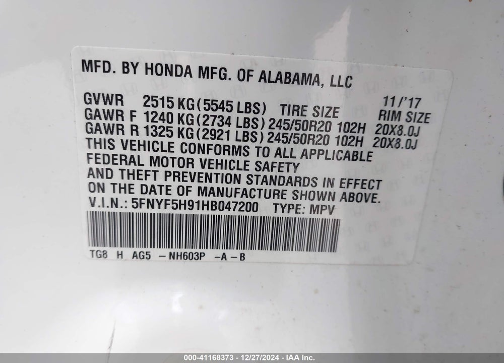 2017 HONDA PILOT TOURING VIN: 5FNYF5H91HB047200