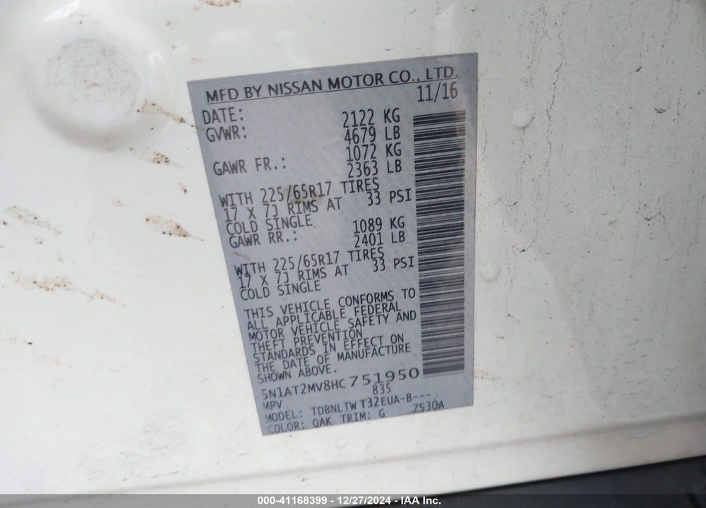 2017 NISSAN ROGUE SV VIN: 5N1AT2MV8HC751950