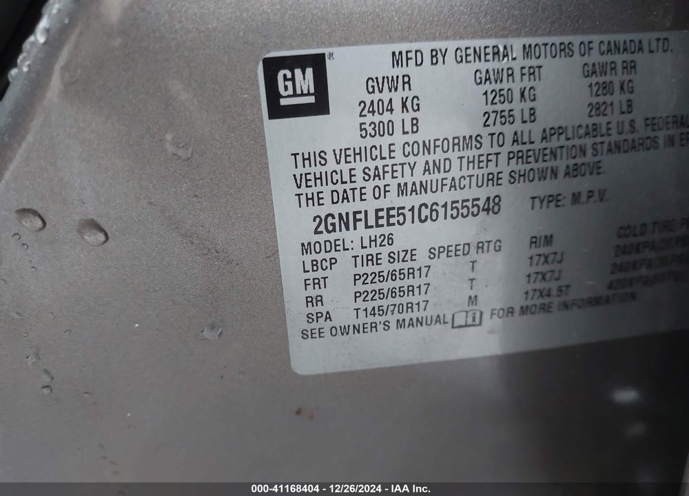 2012 CHEVROLET EQUINOX VIN: 2GNFLEE51C6155548