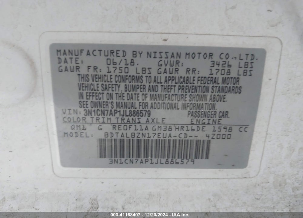 2018 NISSAN VERSA 1.6 SV VIN: 3N1CN7AP1JL886579