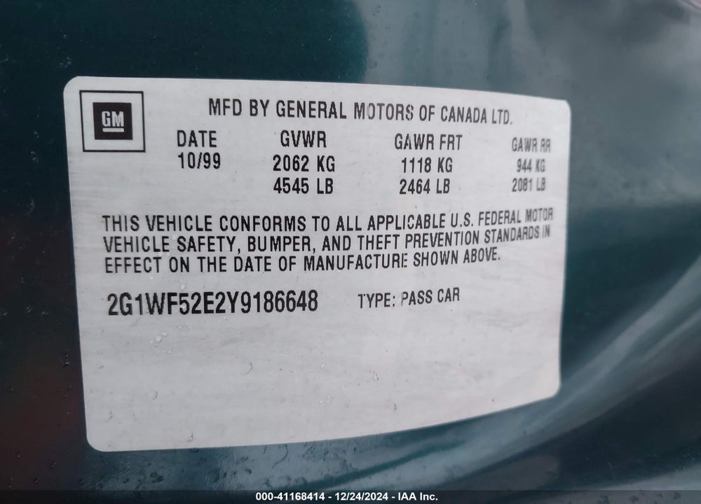 2000 CHEVROLET IMPALA VIN: 2G1WF52E2Y9186648