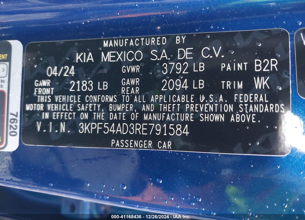 2024 KIA FORTE GT LINE VIN: 3KPF54AD3RE791584