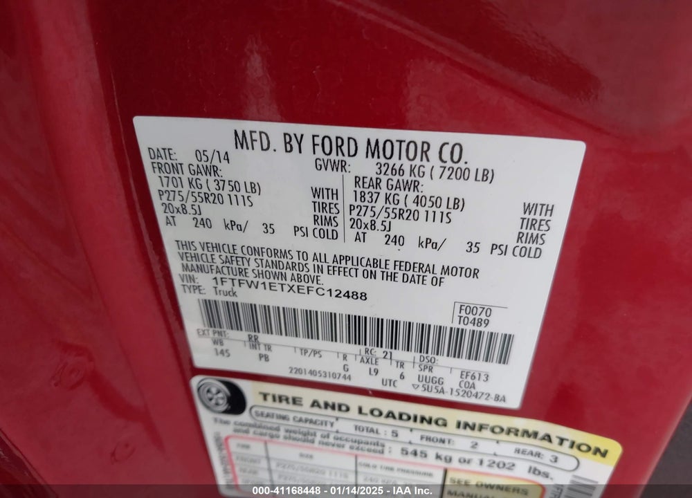 2014 FORD F-150 PLATINUM VIN: 1FTFW1ETXEFC12488