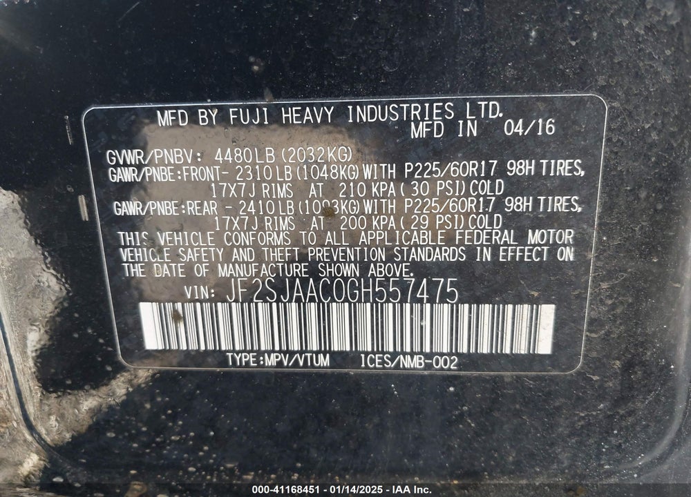 2016 SUBARU FORESTER 2.5I VIN: JF2SJAAC0GH557475